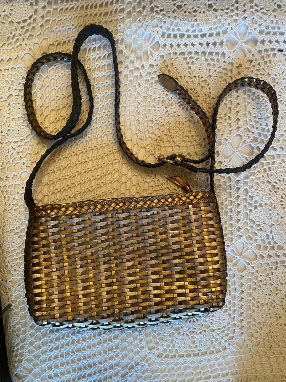 Woven Metallic Bronze Crossbody Bag - Elegant Women’s Shoulder Bag